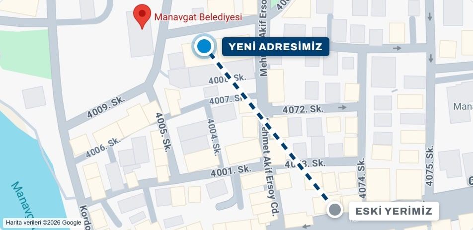 Manavgat haritasında Akdeniz Sürücü Kursu'nun eski yeri ile Manavgat Belediyesi karşısındaki yeni adresi arasındaki kısa yol